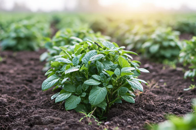 Young potato plants growing in rows in freshly tilled dark soil