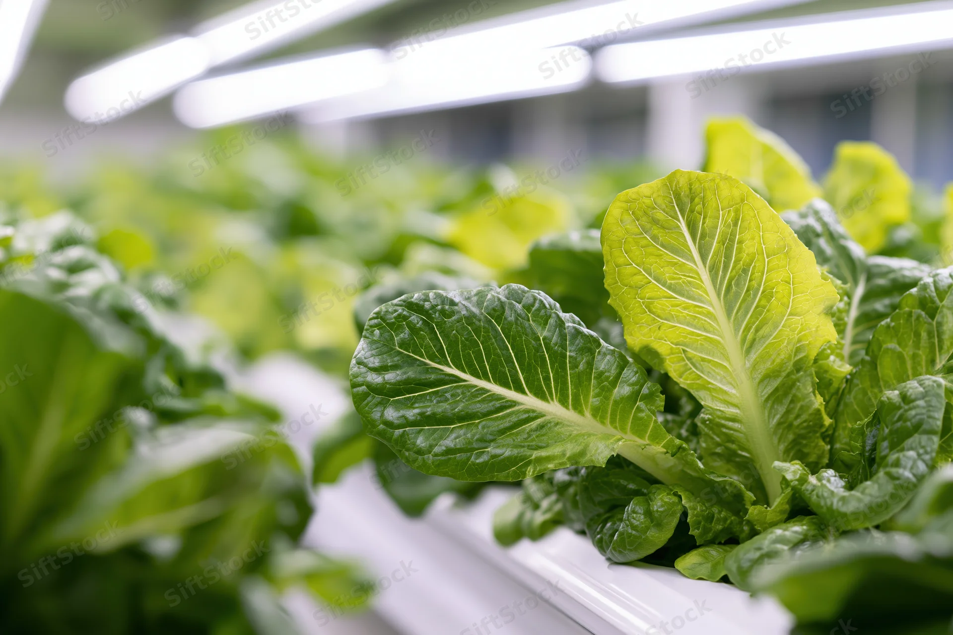 Rows of young romaine lettuce growing in white hydroponic trays under led lights indoors