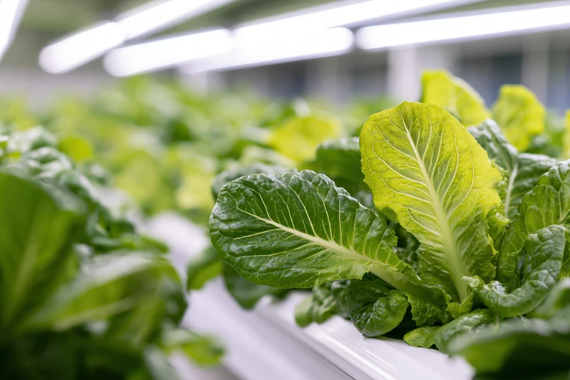 Rows of young romaine lettuce growing in white hydroponic trays under led lights indoors
