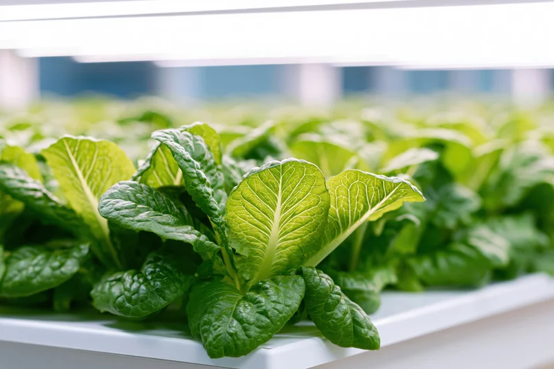 Rows of young romaine lettuce growing in white hydroponic trays under led lighting