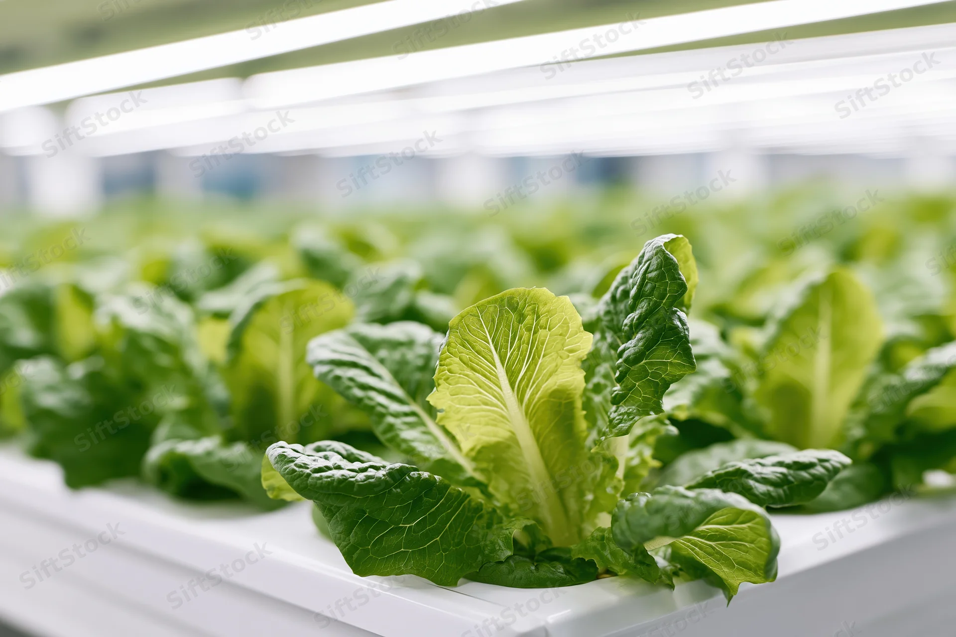 Rows of young romaine lettuce growing in white hydroponic trays under led lights indoors