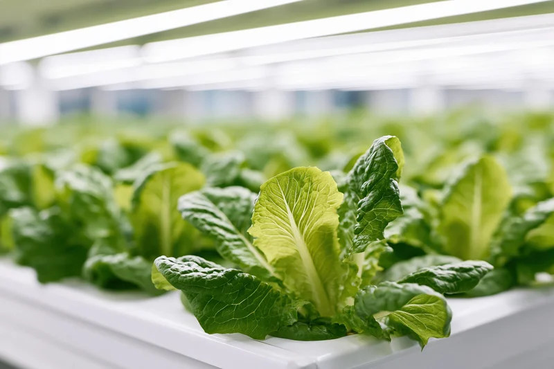 Rows of young romaine lettuce growing in white hydroponic trays under led lights indoors