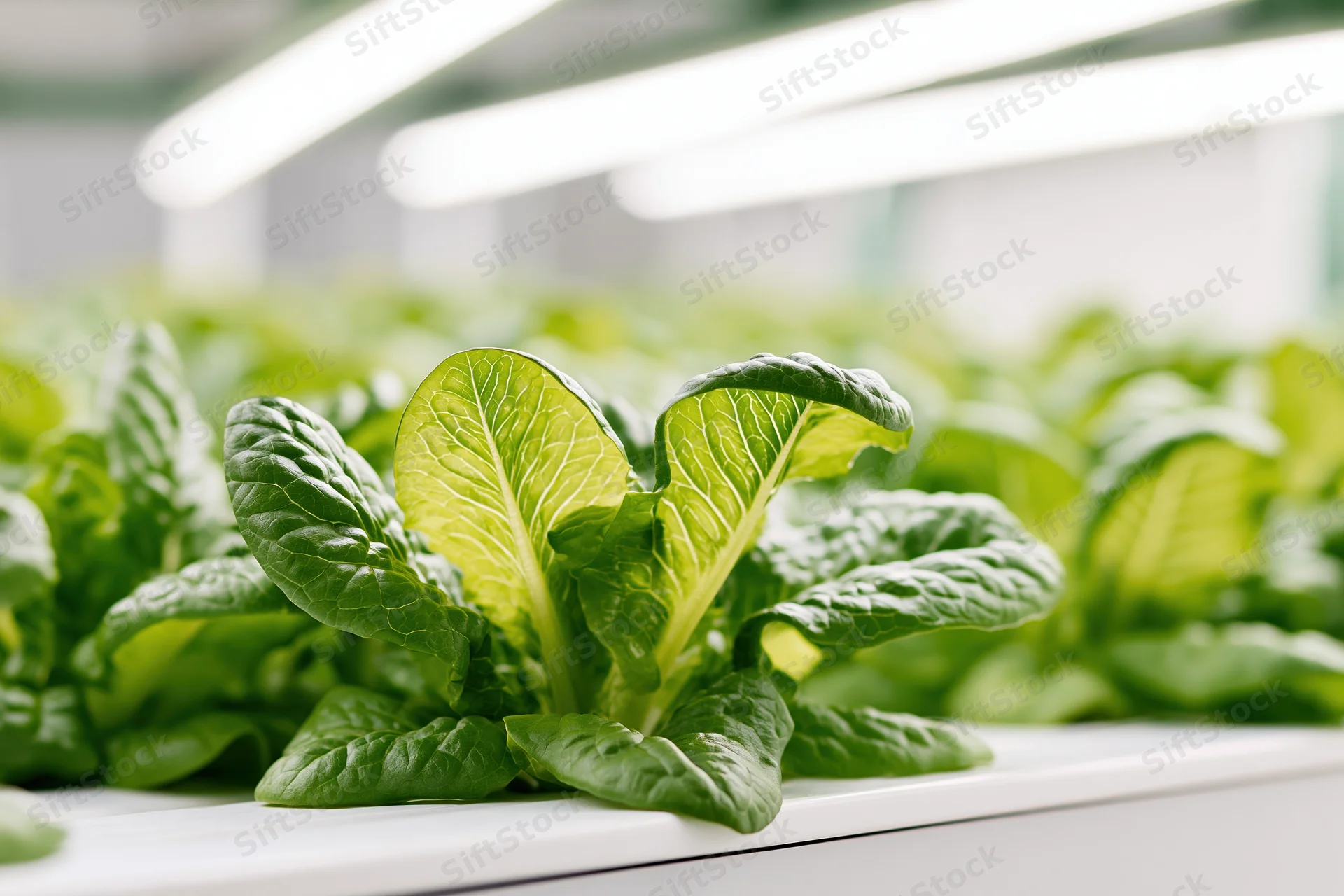 Young romaine lettuce heads growing in white hydroponic trays under artificial lighting indoors