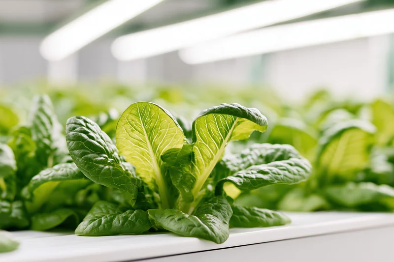Young romaine lettuce heads growing in white hydroponic trays under artificial lighting indoors