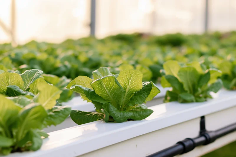 Young romaine lettuce plants growing in rows on white hydroponic trays inside a greenhouse