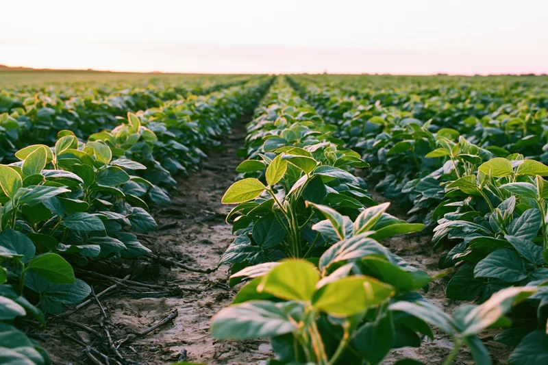 Rows of young soybean plants growing in an open agricultural field at sunrise