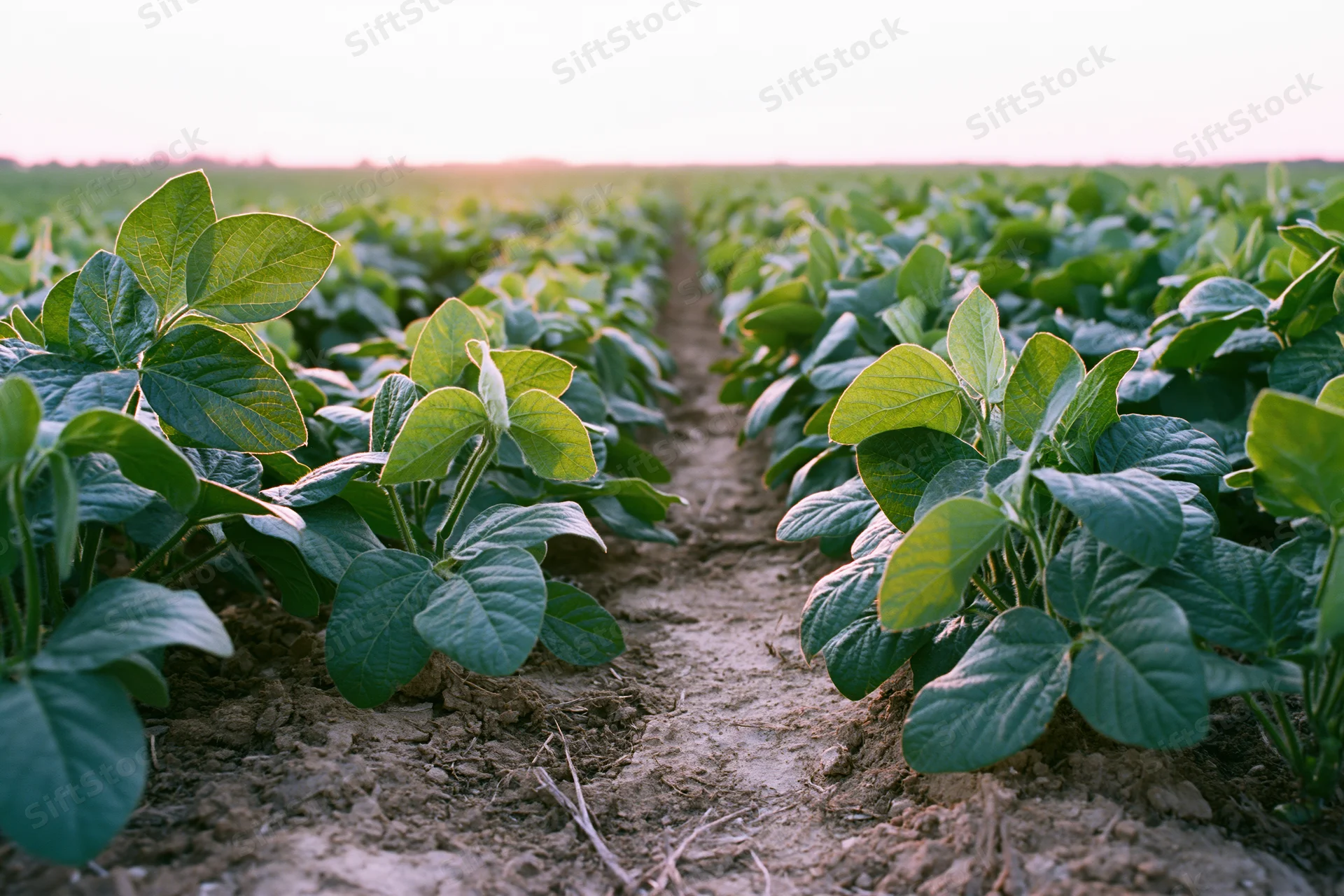 Rows of young soybean plants growing in an open agricultural field