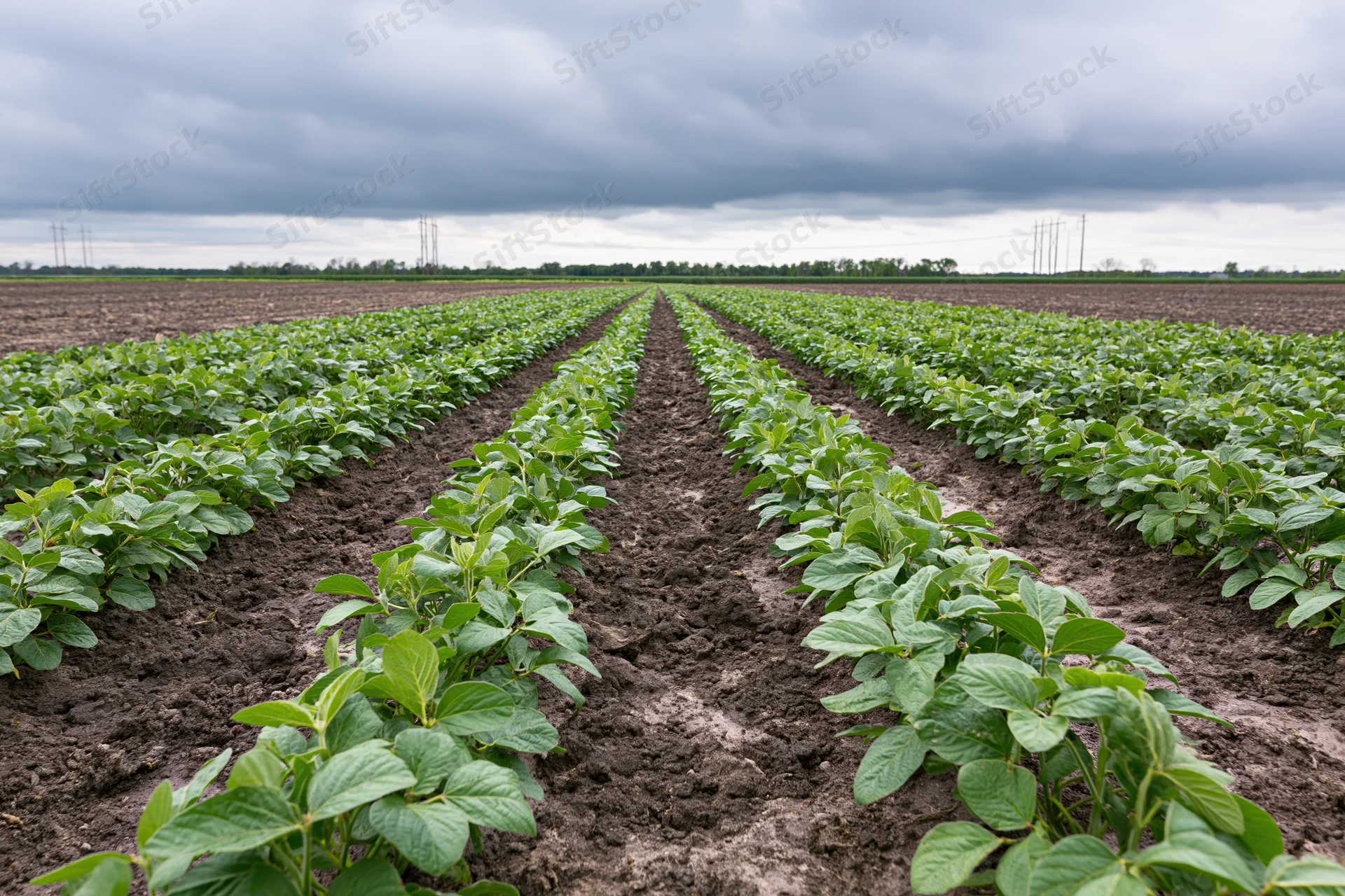 Rows of young soybean plants stretching across a cultivated field under an overcast sky