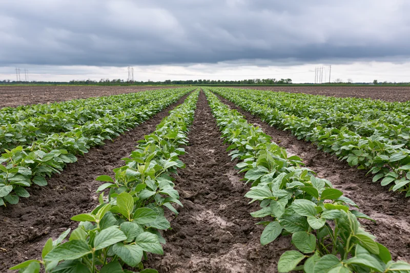 Rows of young soybean plants stretching across a cultivated field under an overcast sky