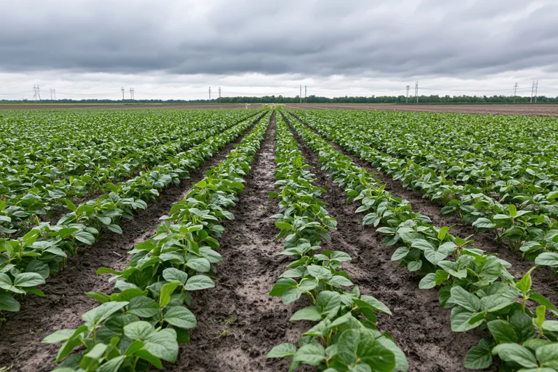 Rows of young soybean plants growing in neat lines across a vast farm field under an overcast sky