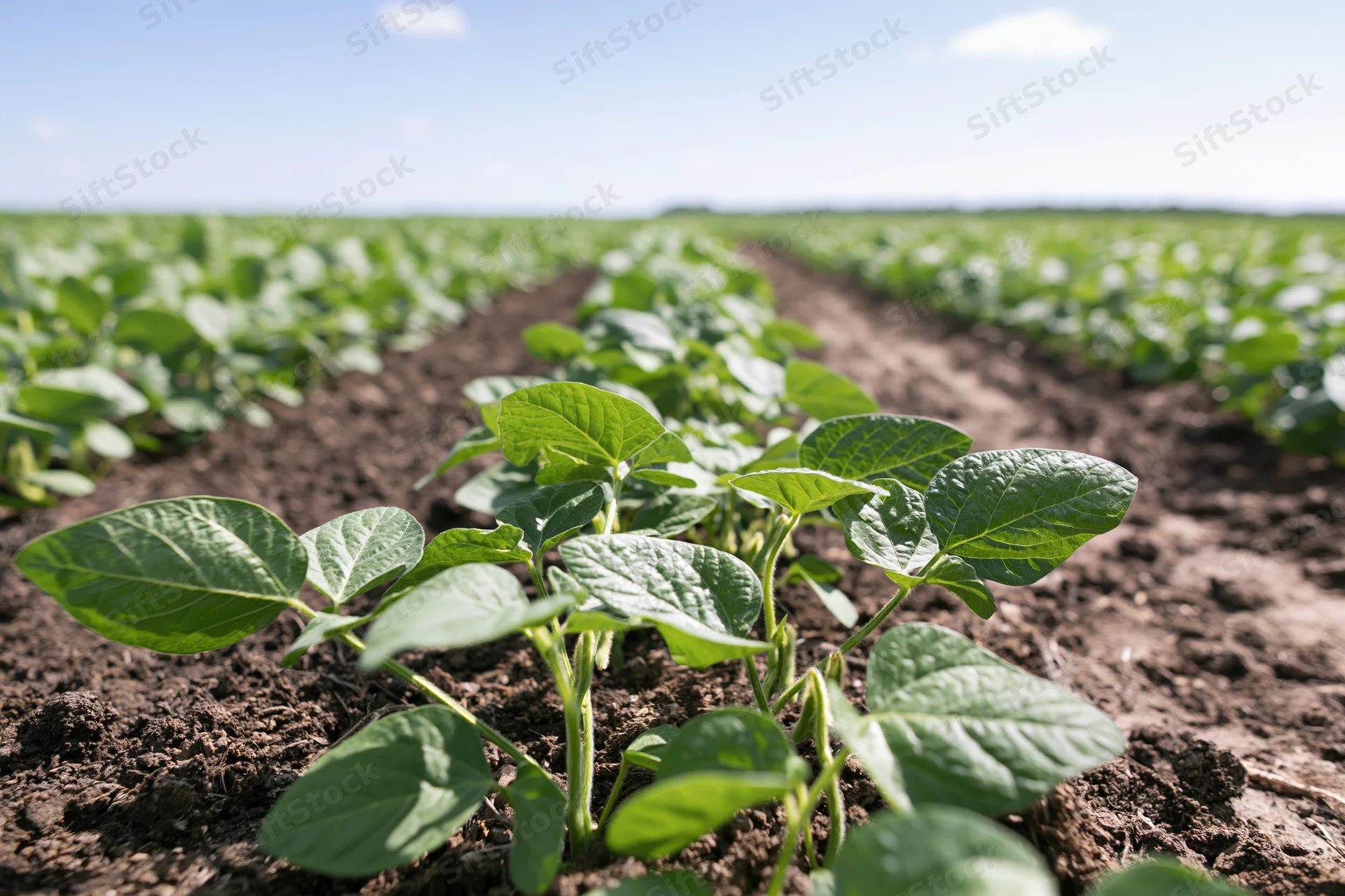 Young soybean seedlings growing in rows on dark tilled soil in a farm field
