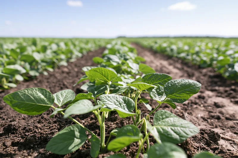 Young soybean seedlings growing in rows on dark tilled soil in a farm field