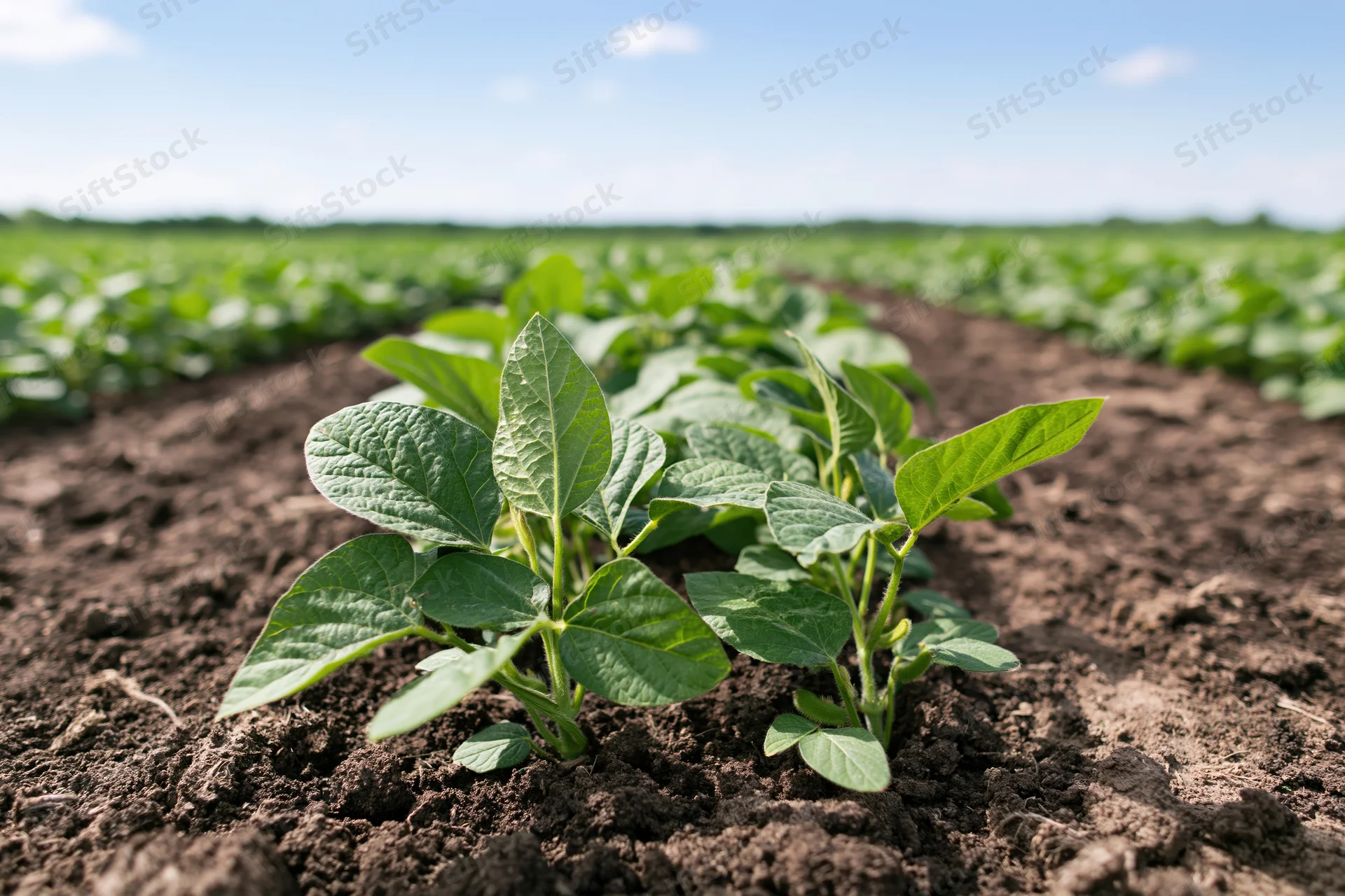 Young soybean seedlings growing in rows on dark tilled soil in a field