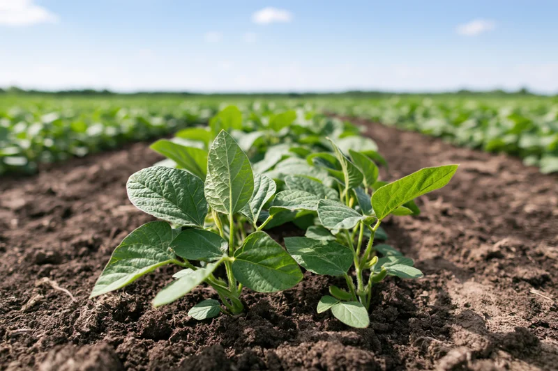 Young soybean seedlings growing in rows on dark tilled soil in a field