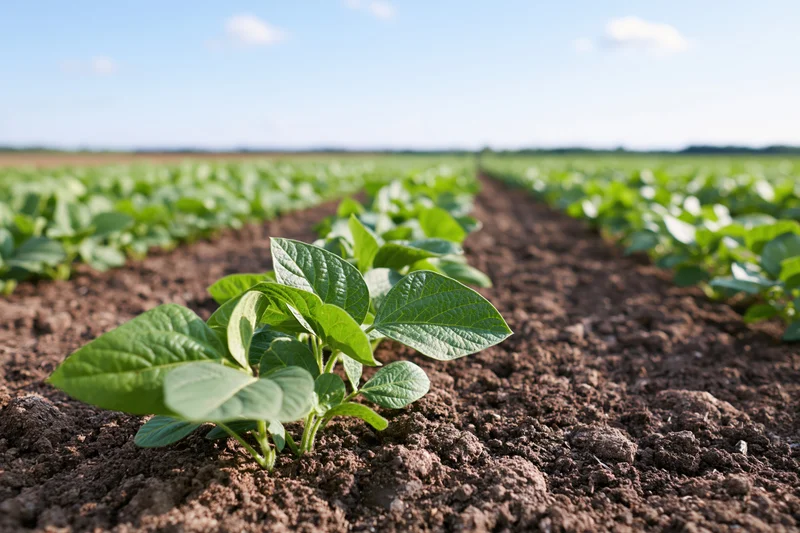 Young soybean seedlings growing in neat rows across a tilled field under a clear blue sky