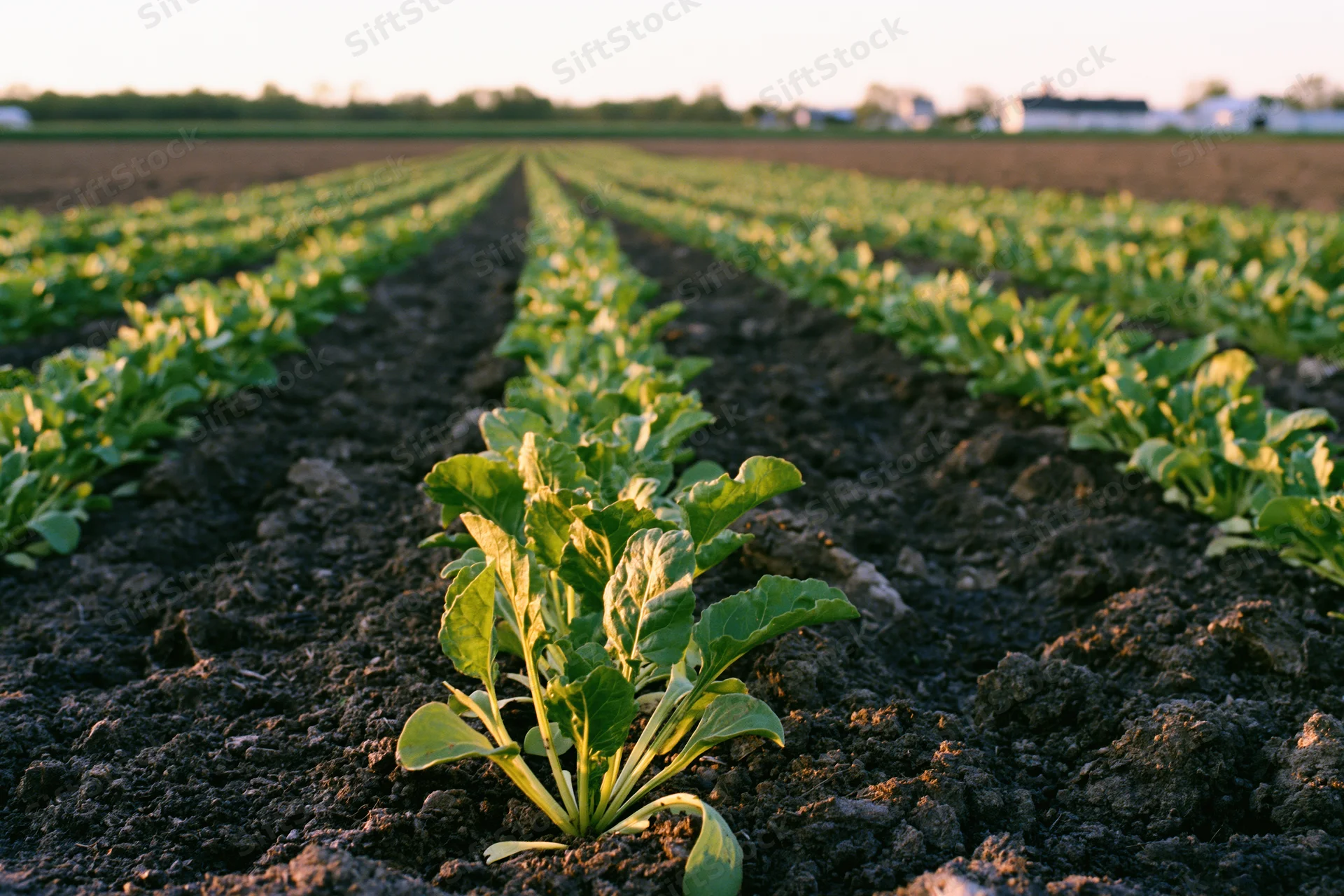 Rows of young sugar beet seedlings growing in dark tilled soil in an open field at golden hour