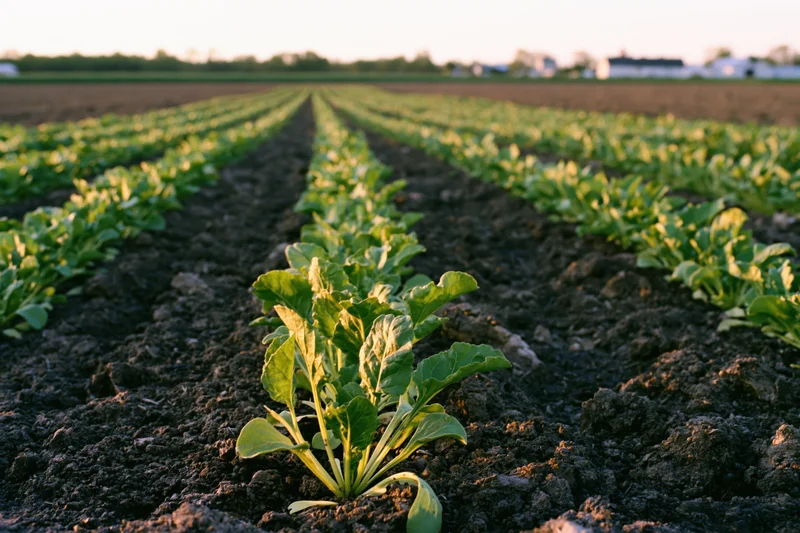Rows of young sugar beet seedlings growing in dark tilled soil in an open field at golden hour