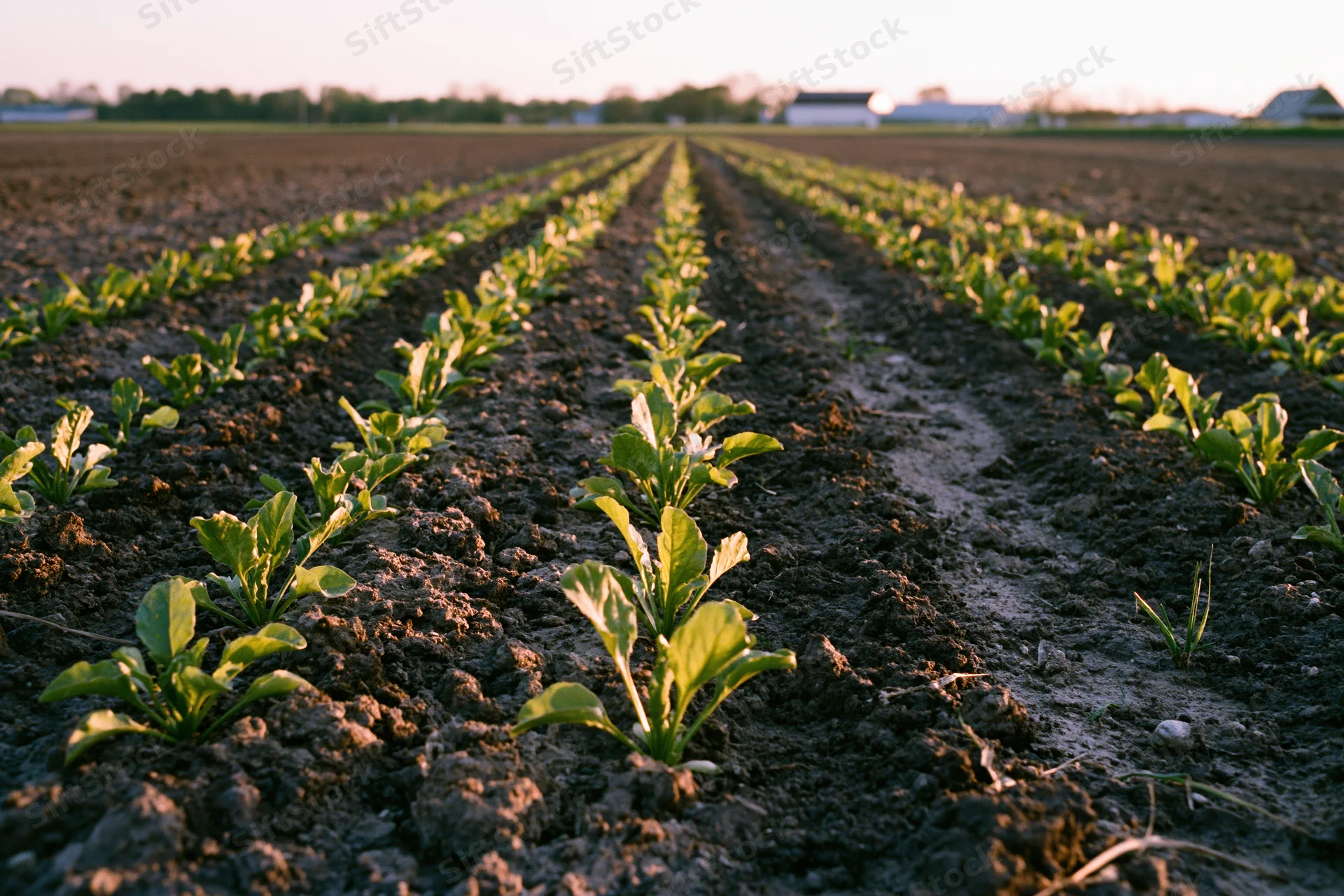 Rows of young sugar beet seedlings growing in dark tilled soil across a rural field at sunset