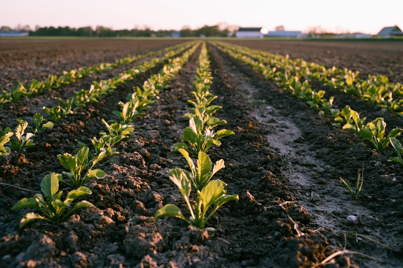 Rows of young sugar beet seedlings growing in dark tilled soil across a rural field at sunset