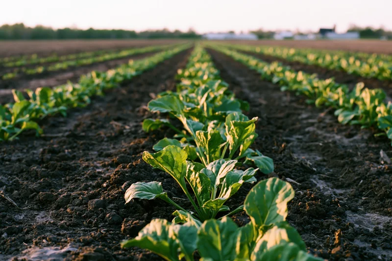 Rows of young sugar beet seedlings growing in dark tilled soil in a farm field at sunrise