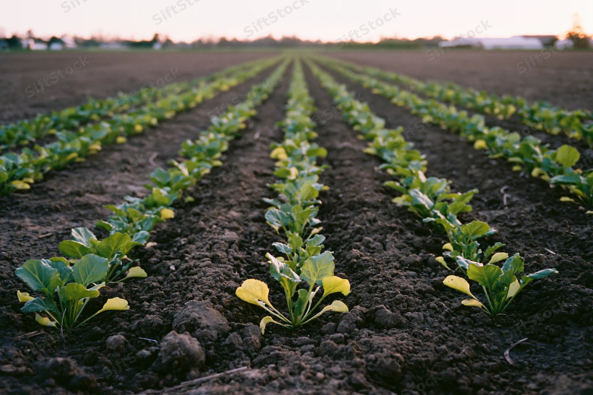 Rows of young sugar beet seedlings growing in dark tilled soil in a field at dusk