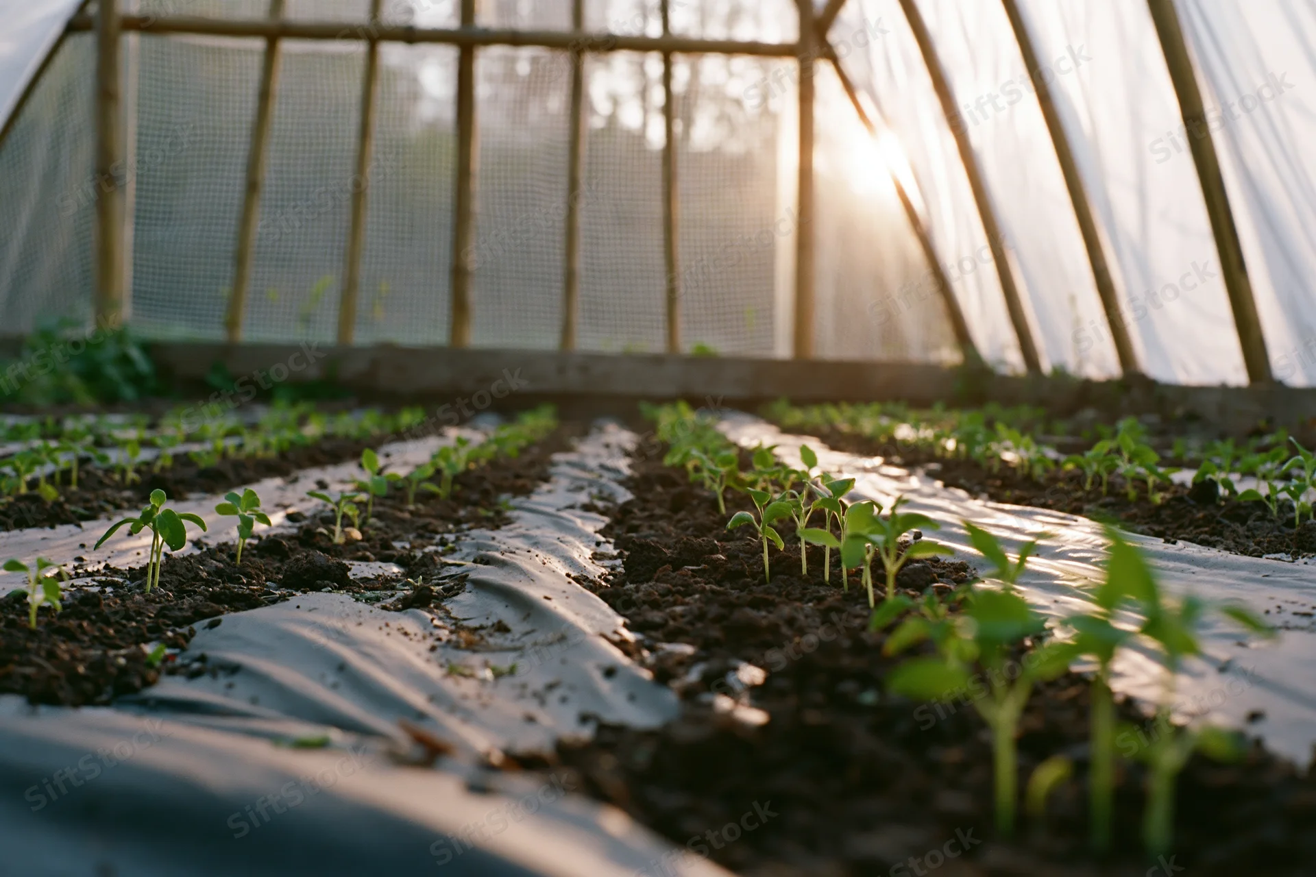 Young vegetable seedlings growing in rows through black plastic mulch inside a greenhouse at dawn