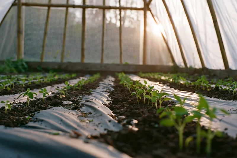 Young vegetable seedlings growing in rows through black plastic mulch inside a greenhouse at dawn