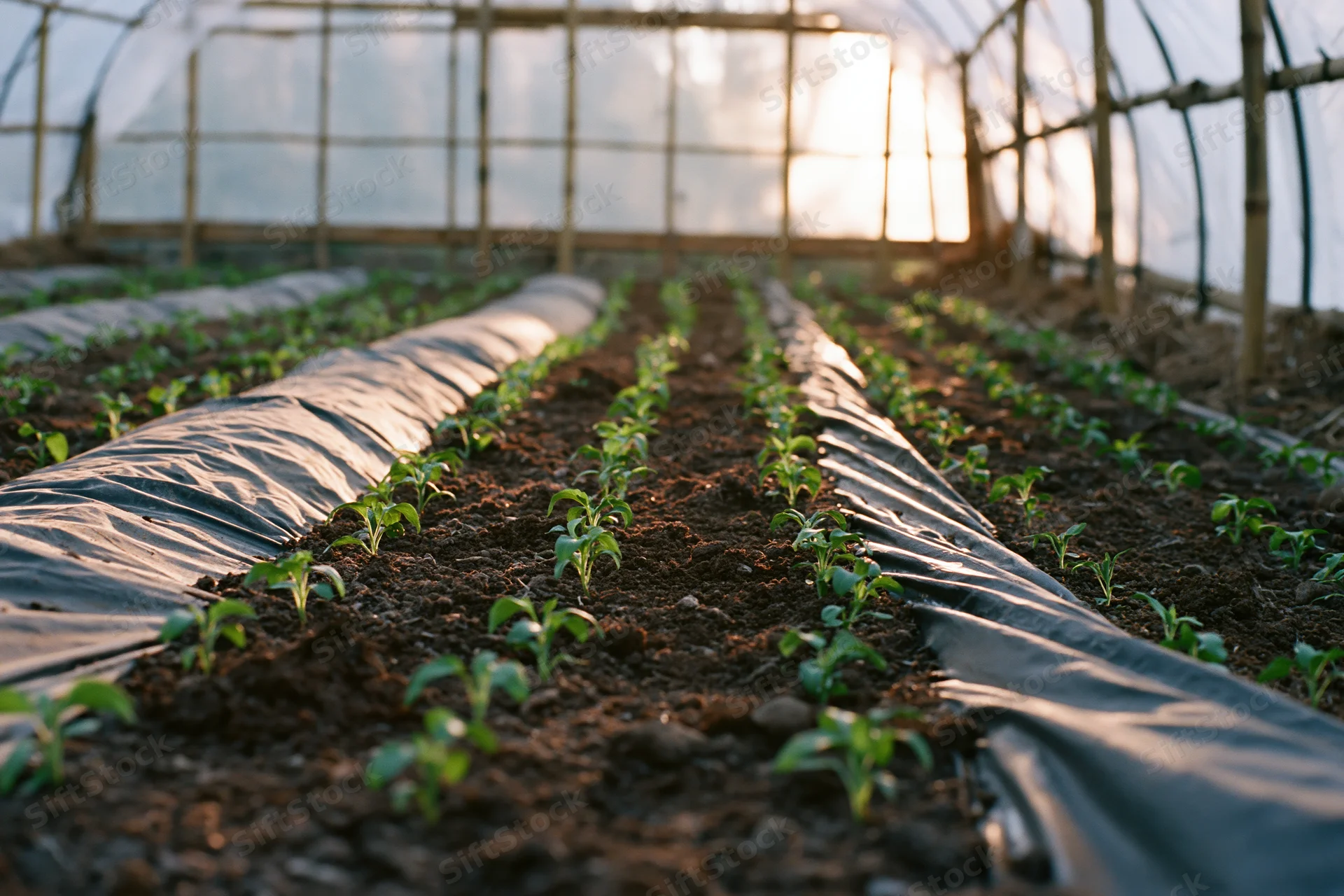 Young vegetable seedlings growing in rows through black plastic mulch inside a greenhouse