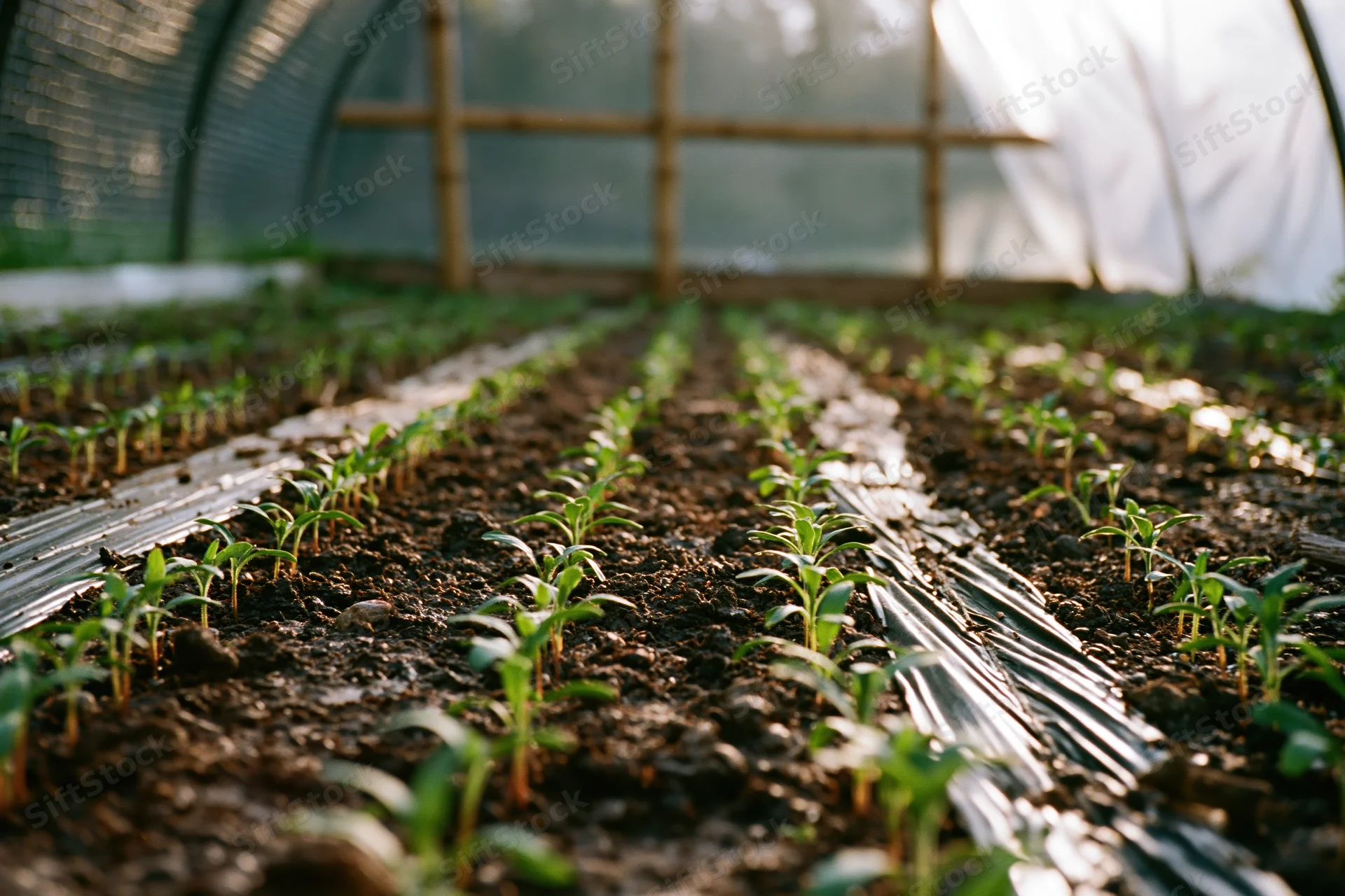 Young vegetable seedlings growing in rows through black plastic mulch inside a greenhouse