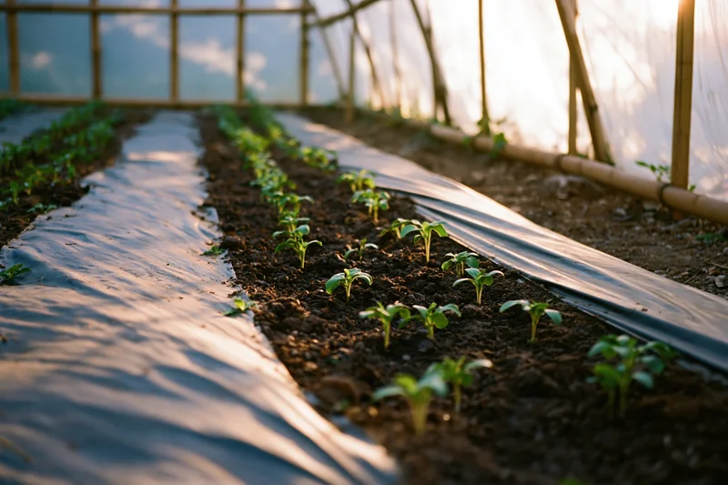 Young vegetable seedlings growing in rows through black plastic mulch in a bamboo-framed greenhouse