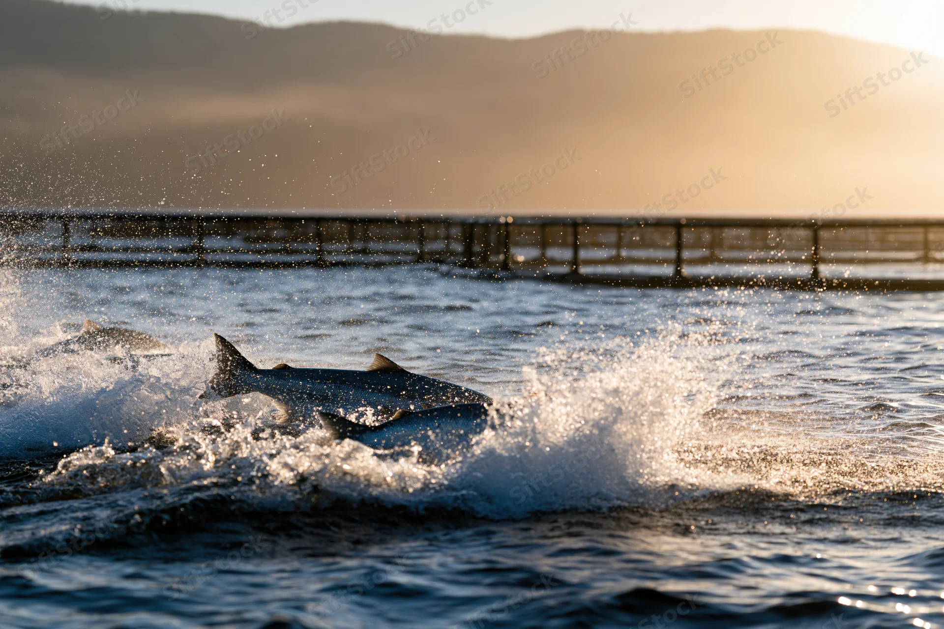 Salmon leaping and thrashing at the surface of open-water fish farm enclosure during golden hour