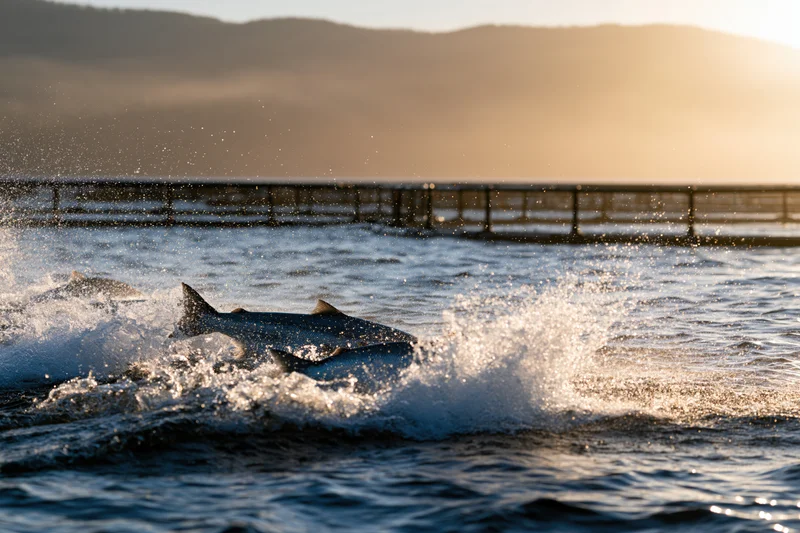 Salmon leaping and thrashing at the surface of open-water fish farm enclosure during golden hour
