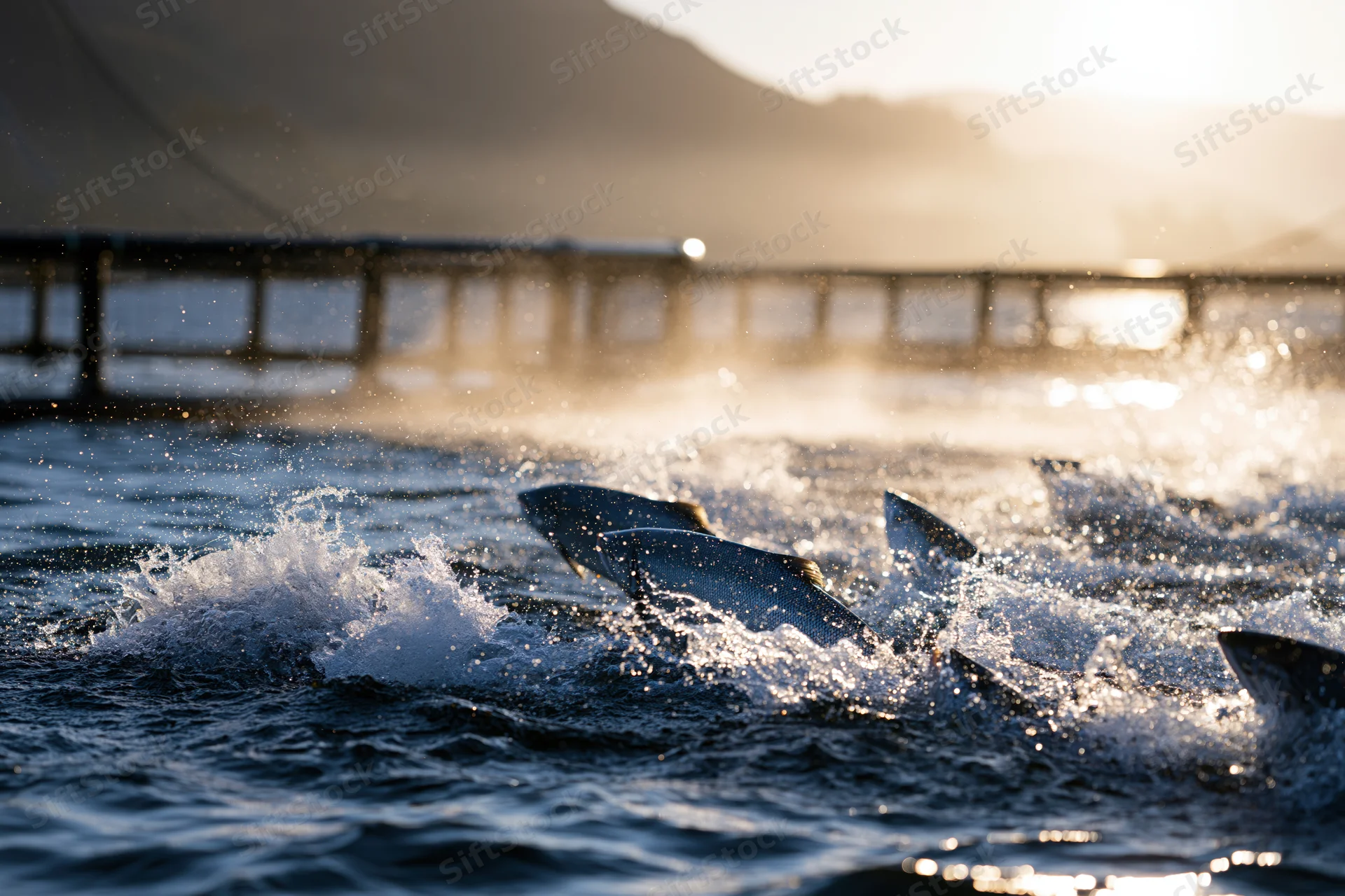Salmon leaping and thrashing at the surface of open-water aquaculture farm during golden hour