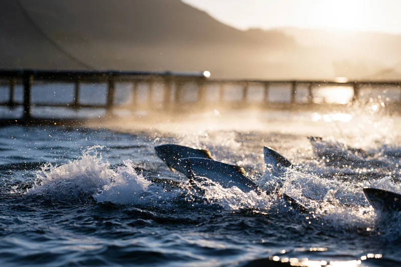 Salmon leaping and thrashing at the surface of open-water aquaculture farm during golden hour