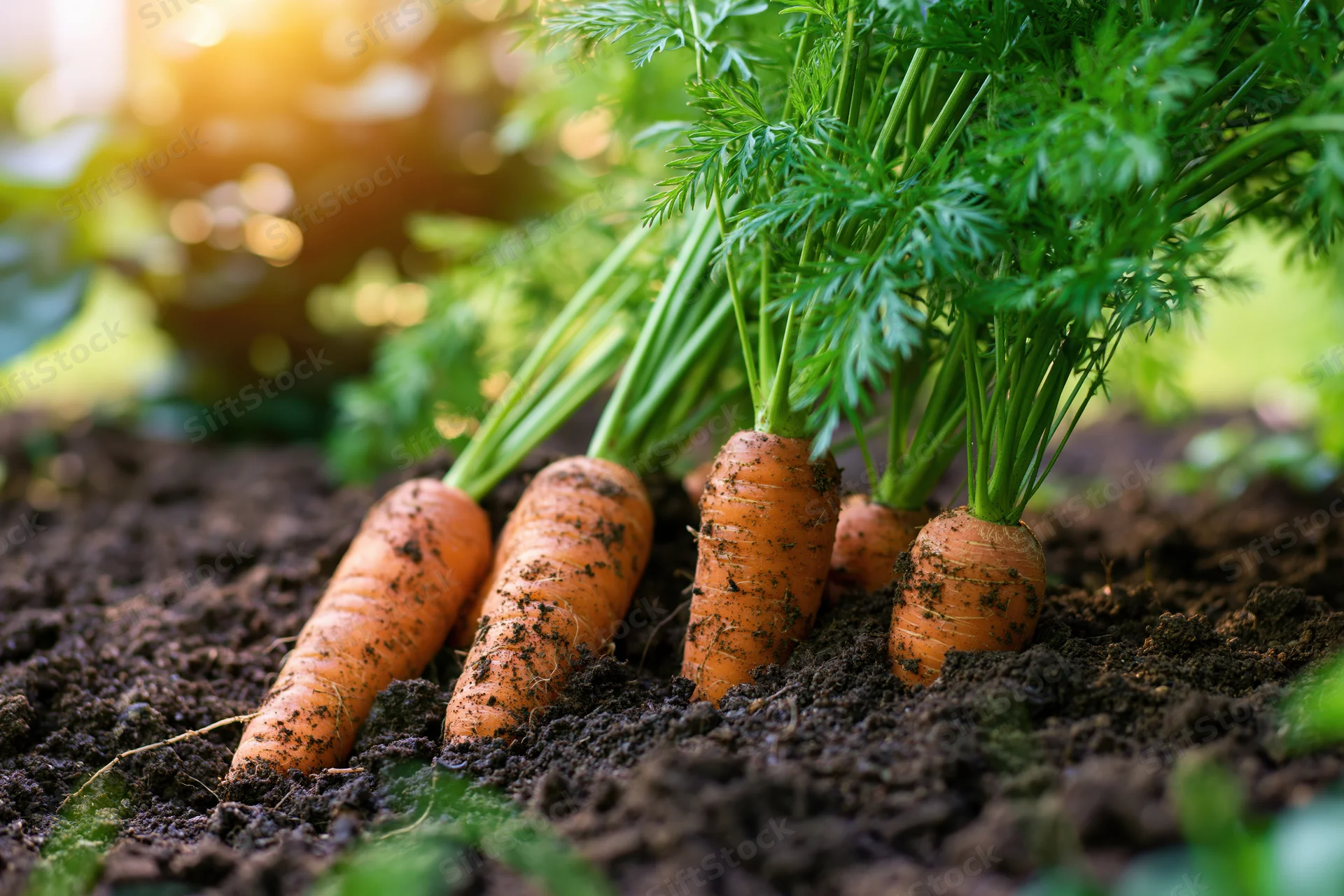 Ripe carrots growing in dark garden soil with green tops visible above ground