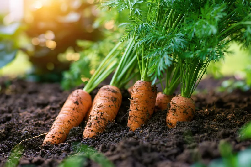 Ripe carrots growing in dark garden soil with green tops visible above ground