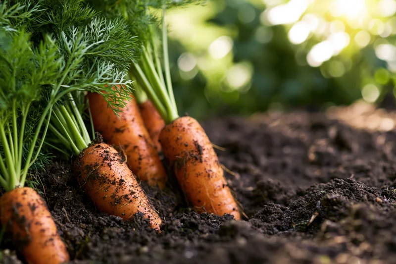 Ripe carrots growing in dark garden soil with green tops visible