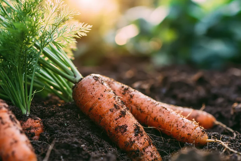 Ripe carrots growing in dark garden soil with green tops visible
