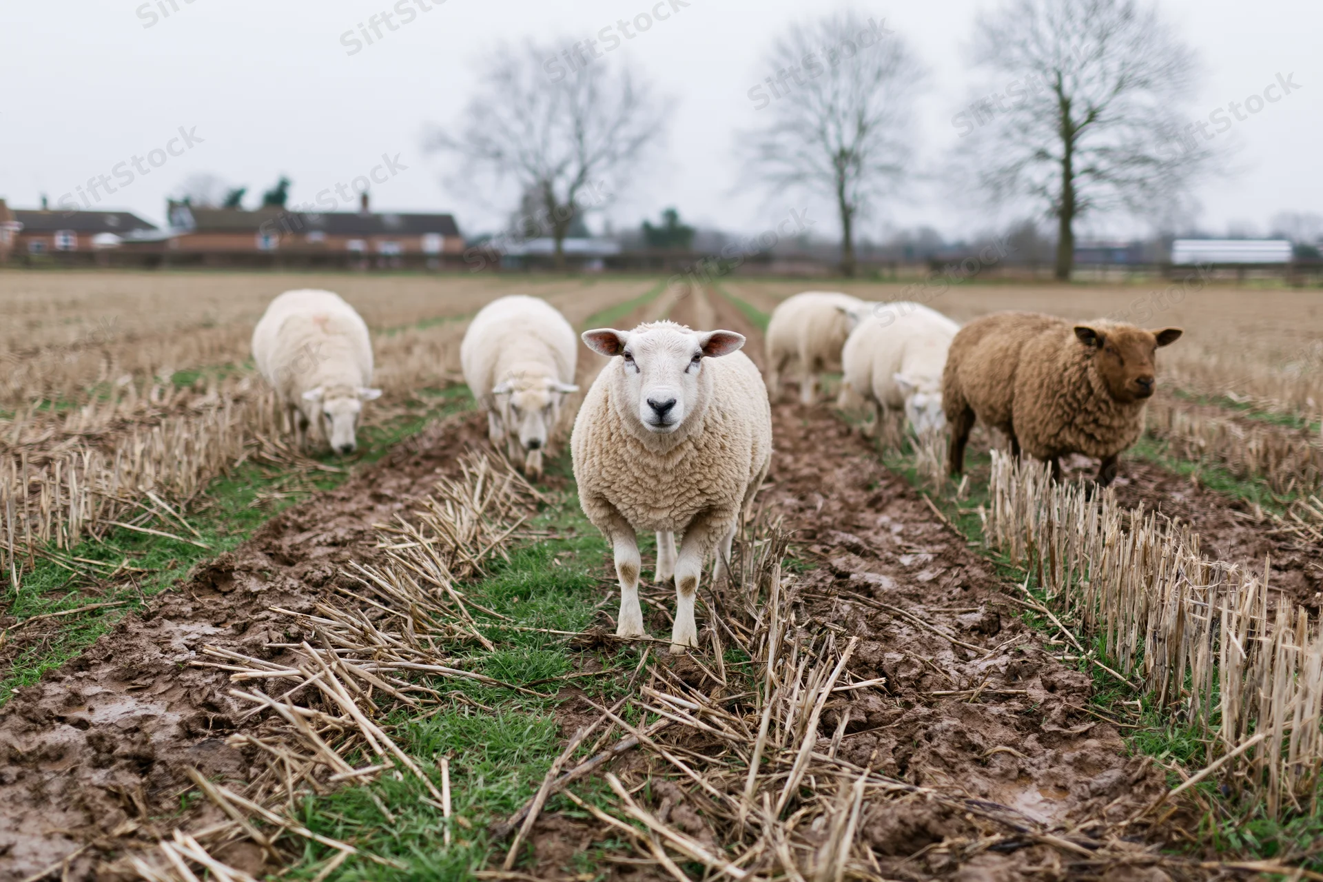 Sheep grazing and walking across a harvested cornfield with muddy paths and crop stubble under an overcast sky