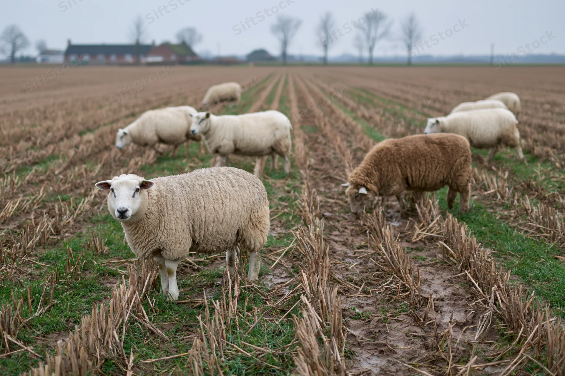Sheep grazing in a harvested cornfield with muddy rows and distant farm buildings under an overcast sky