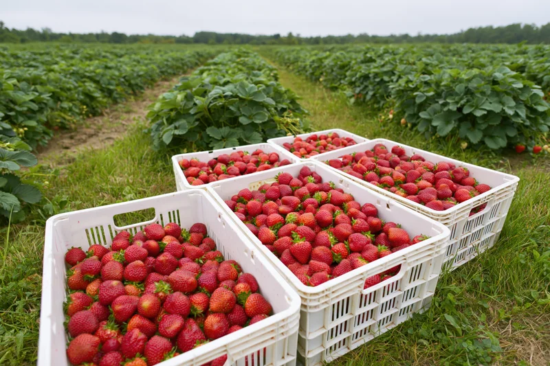 White plastic crates filled with freshly picked red strawberries arranged in a strawberry field