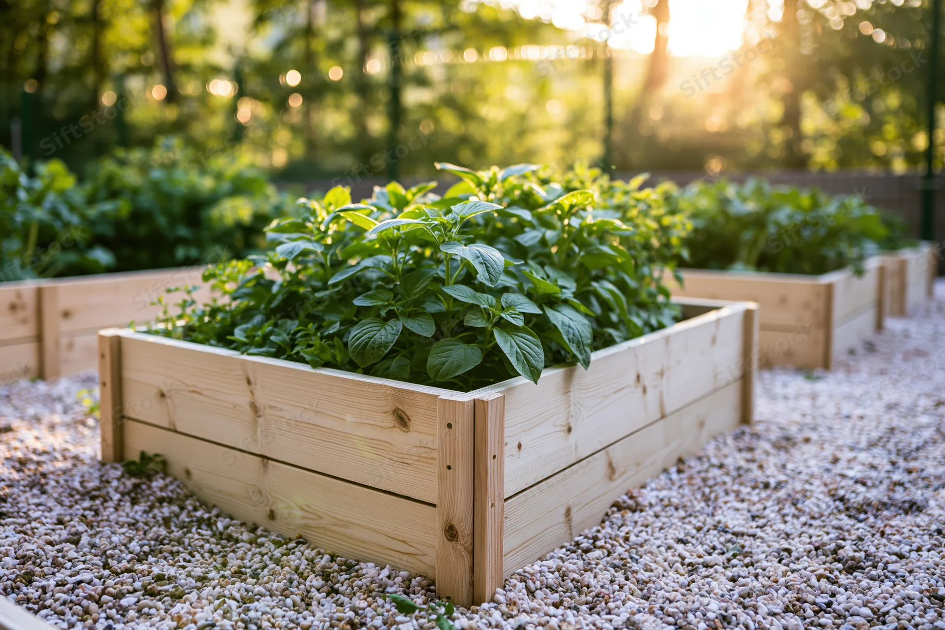 Wooden raised garden beds filled with leafy herbs in a gravel backyard garden at golden hour