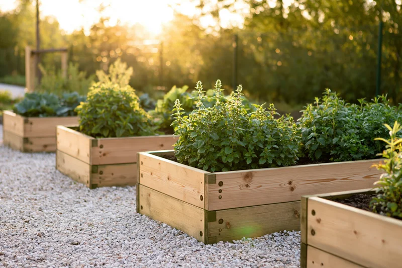 Wooden raised garden beds filled with leafy herbs arranged in rows on a gravel path at golden hour