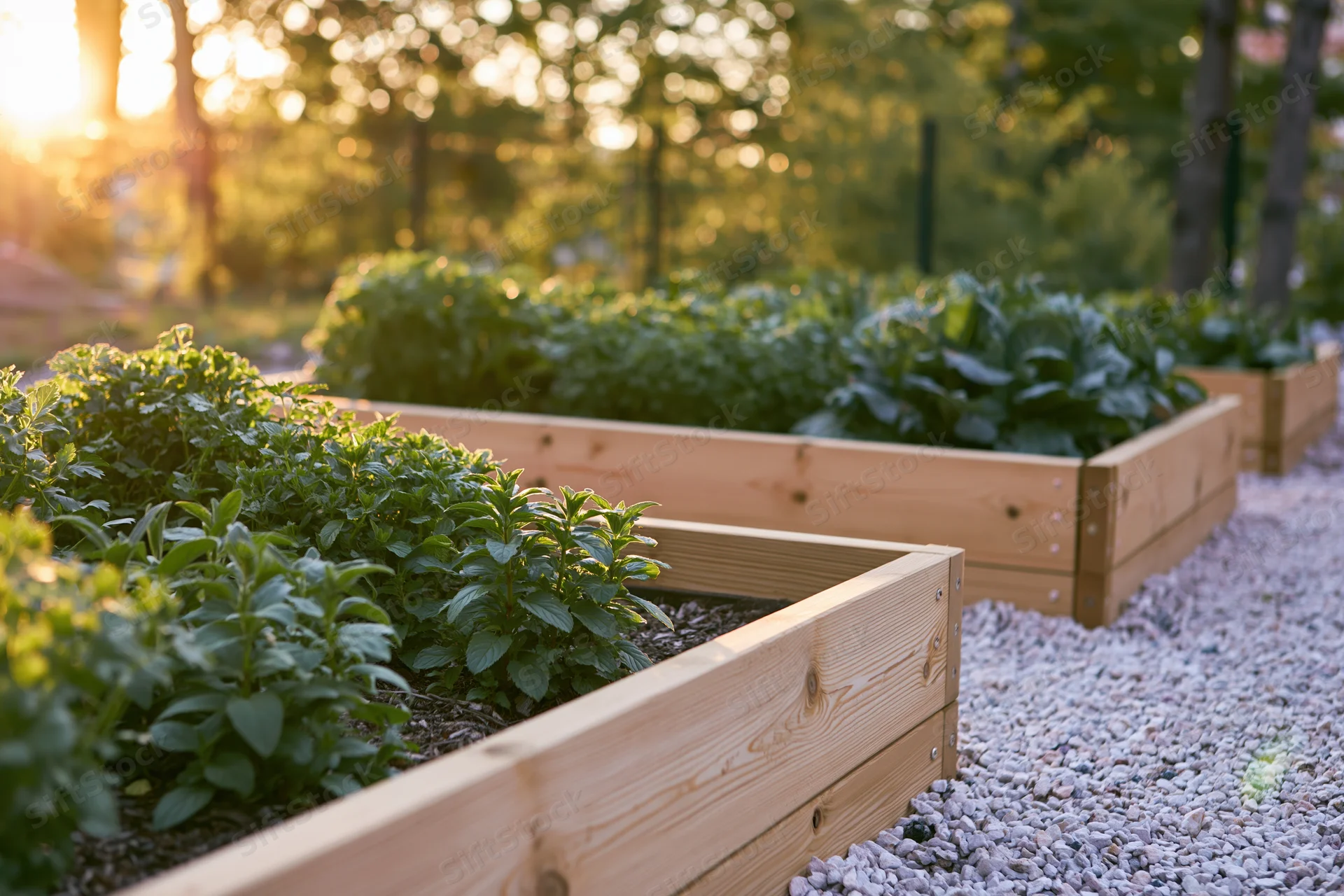 Wooden raised garden beds filled with leafy herbs arranged in rows along a gravel path in a backyard garden at golden hour