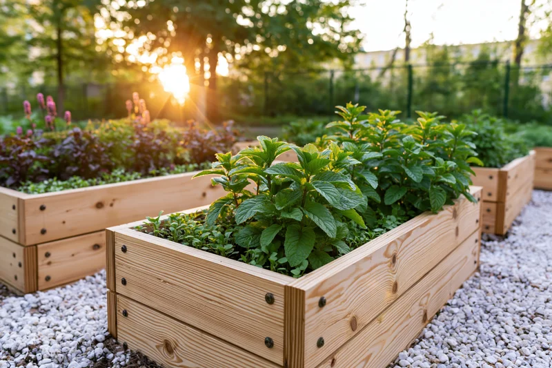 Wooden raised garden beds filled with green herbs in a gravel backyard garden at golden hour