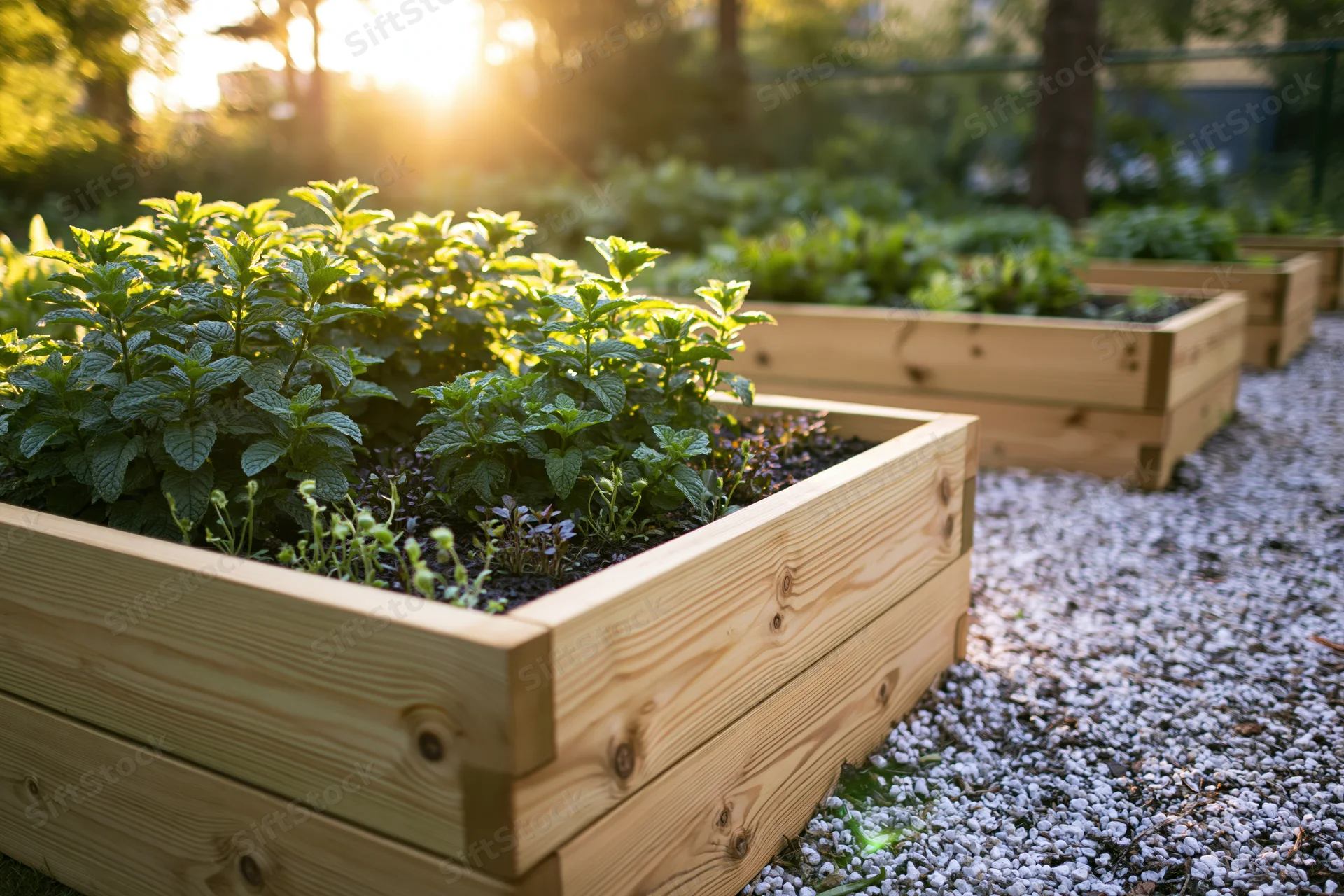 Wooden raised garden beds filled with green herbs arranged in a row on a gravel path outdoors