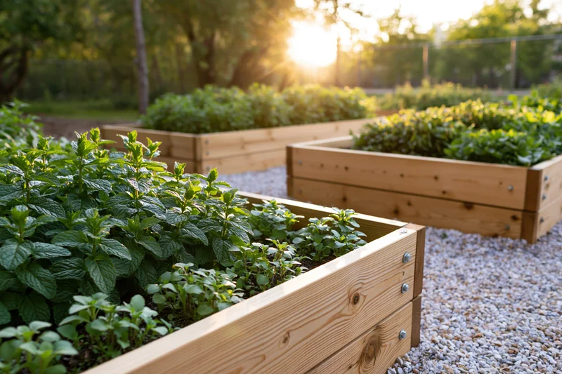 Wooden raised garden beds filled with thriving herbs in a sunny backyard setting