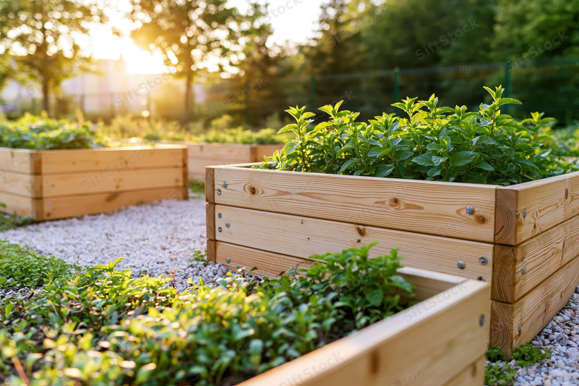 Wooden raised garden beds filled with thriving herbs in a sunny backyard garden
