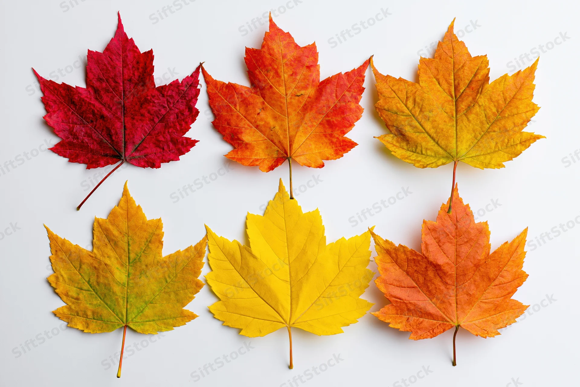 Six maple leaves arranged in two rows on a white background