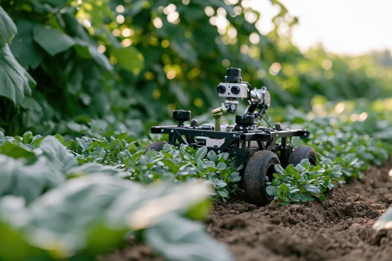 Autonomous agricultural robot navigating between rows of green crops in a field